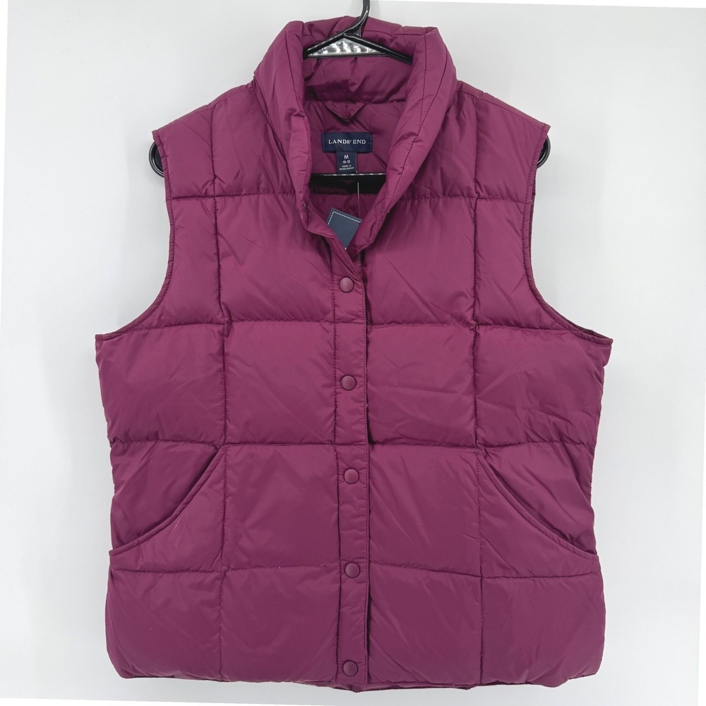 Lands End Womens Quilted Puffer Vest Magenta‎ Full Snap Collar Size M NWT